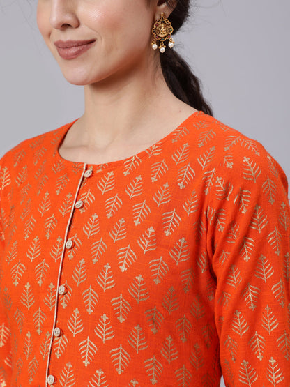 Women Orange Ethnic Printed Gratherd Dress | LASVINI - Redefining Indian Fashion with Elegance