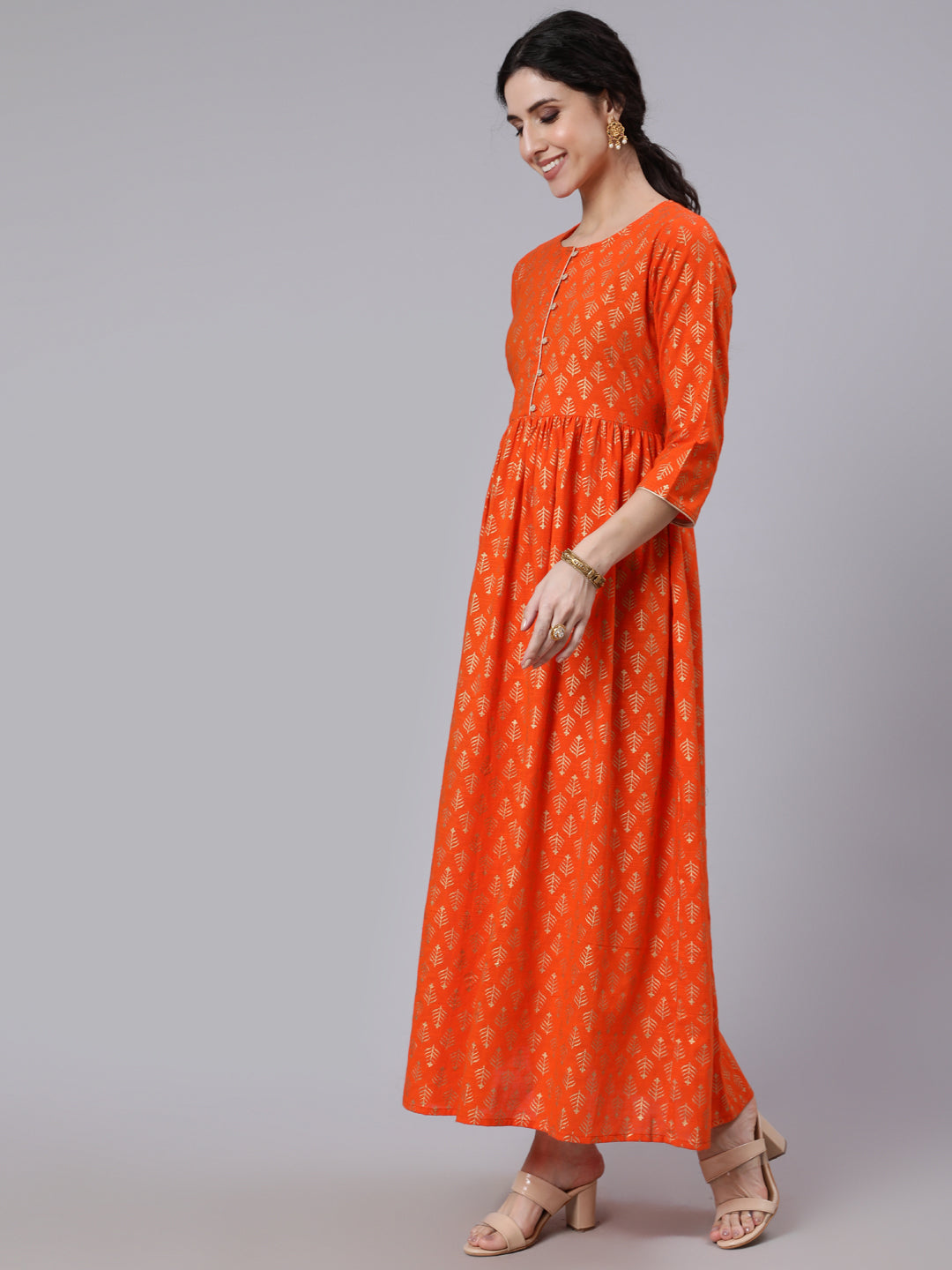 Women Orange Ethnic Printed Gratherd Dress | LASVINI - Redefining Indian Fashion with Elegance