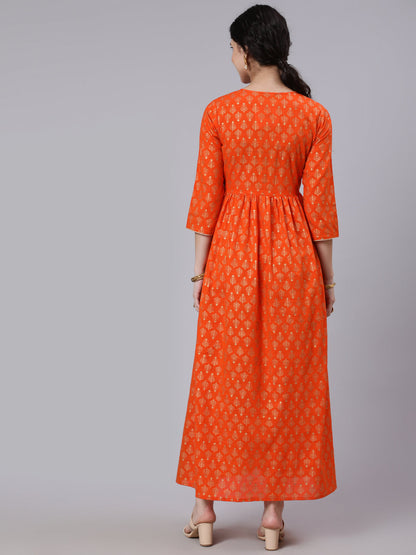 Women Orange Ethnic Printed Gratherd Dress | LASVINI - Redefining Indian Fashion with Elegance