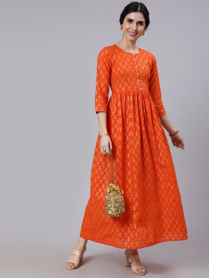 Women Orange Ethnic Printed Gratherd Dress | LASVINI - Redefining Indian Fashion with Elegance