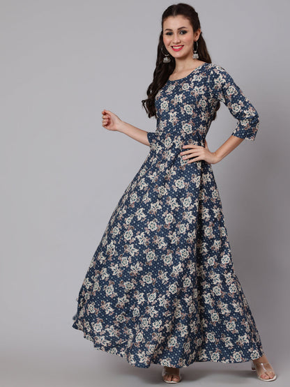 Women Blue Floral Printed Flared Dress | LASVINI - Redefining Indian Fashion with Elegance