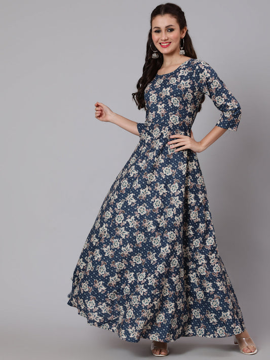 Women Blue Floral Printed Flared Dress | LASVINI - Redefining Indian Fashion with Elegance