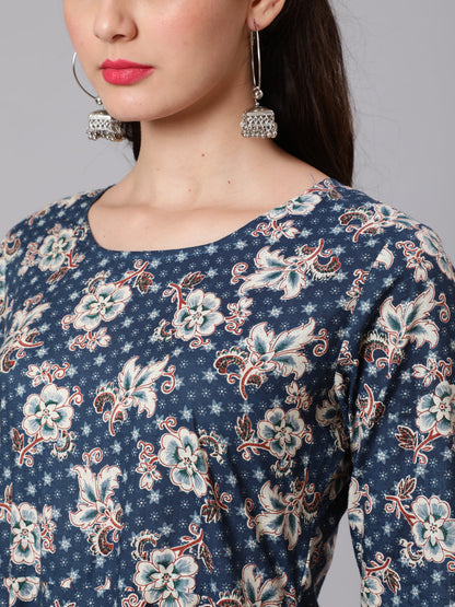 Women Blue Floral Printed Flared Dress | LASVINI - Redefining Indian Fashion with Elegance