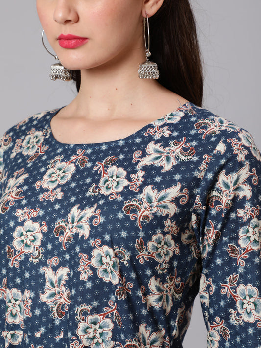 Women Blue Floral Printed Flared Dress | LASVINI - Redefining Indian Fashion with Elegance