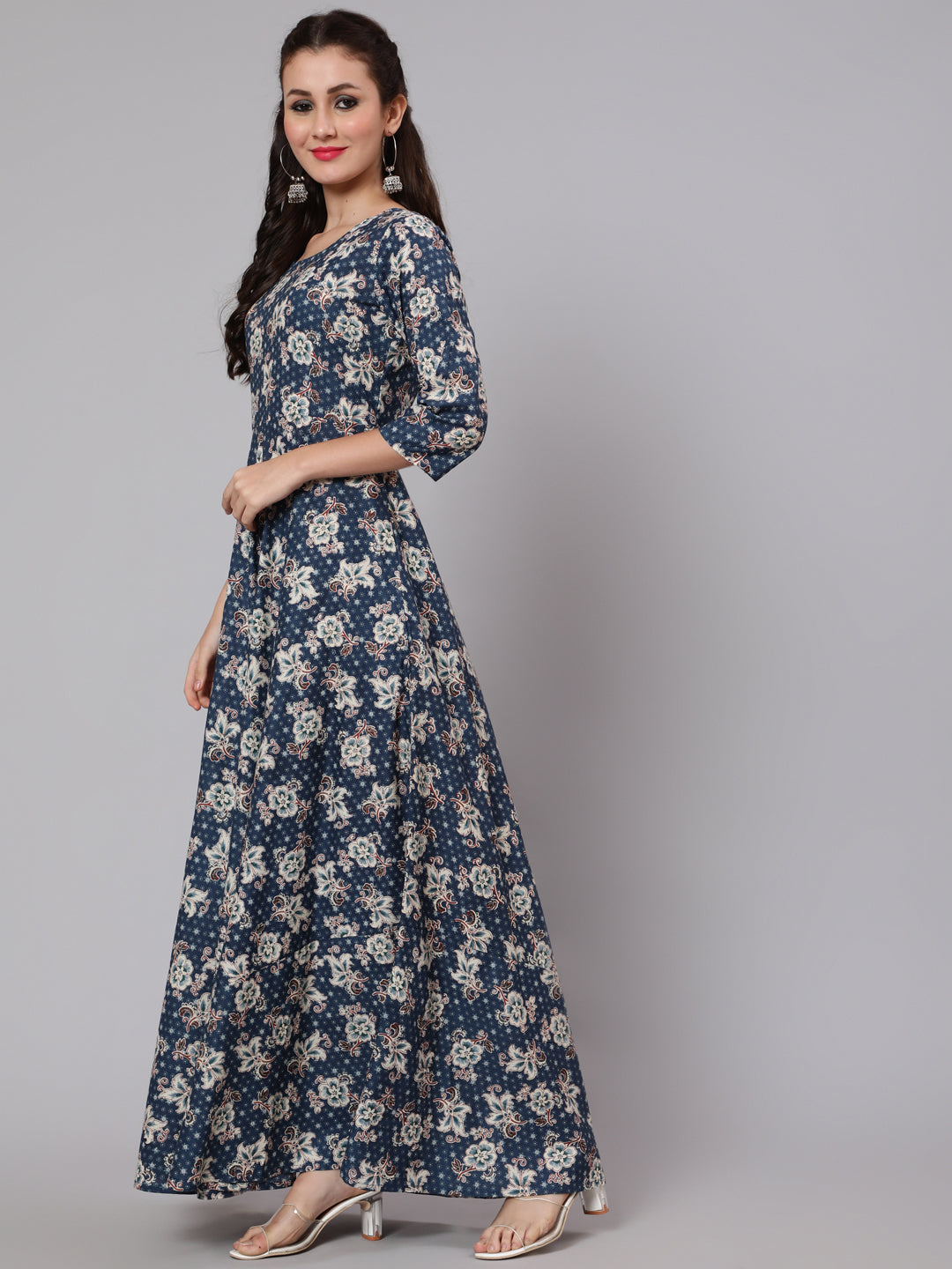 Women Blue Floral Printed Flared Dress | LASVINI - Redefining Indian Fashion with Elegance