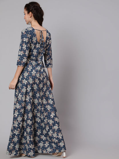 Women Blue Floral Printed Flared Dress | LASVINI - Redefining Indian Fashion with Elegance