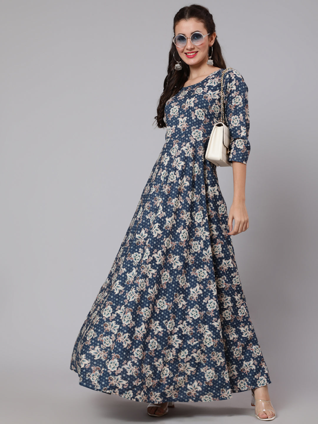 Women Blue Floral Printed Flared Dress | LASVINI - Redefining Indian Fashion with Elegance