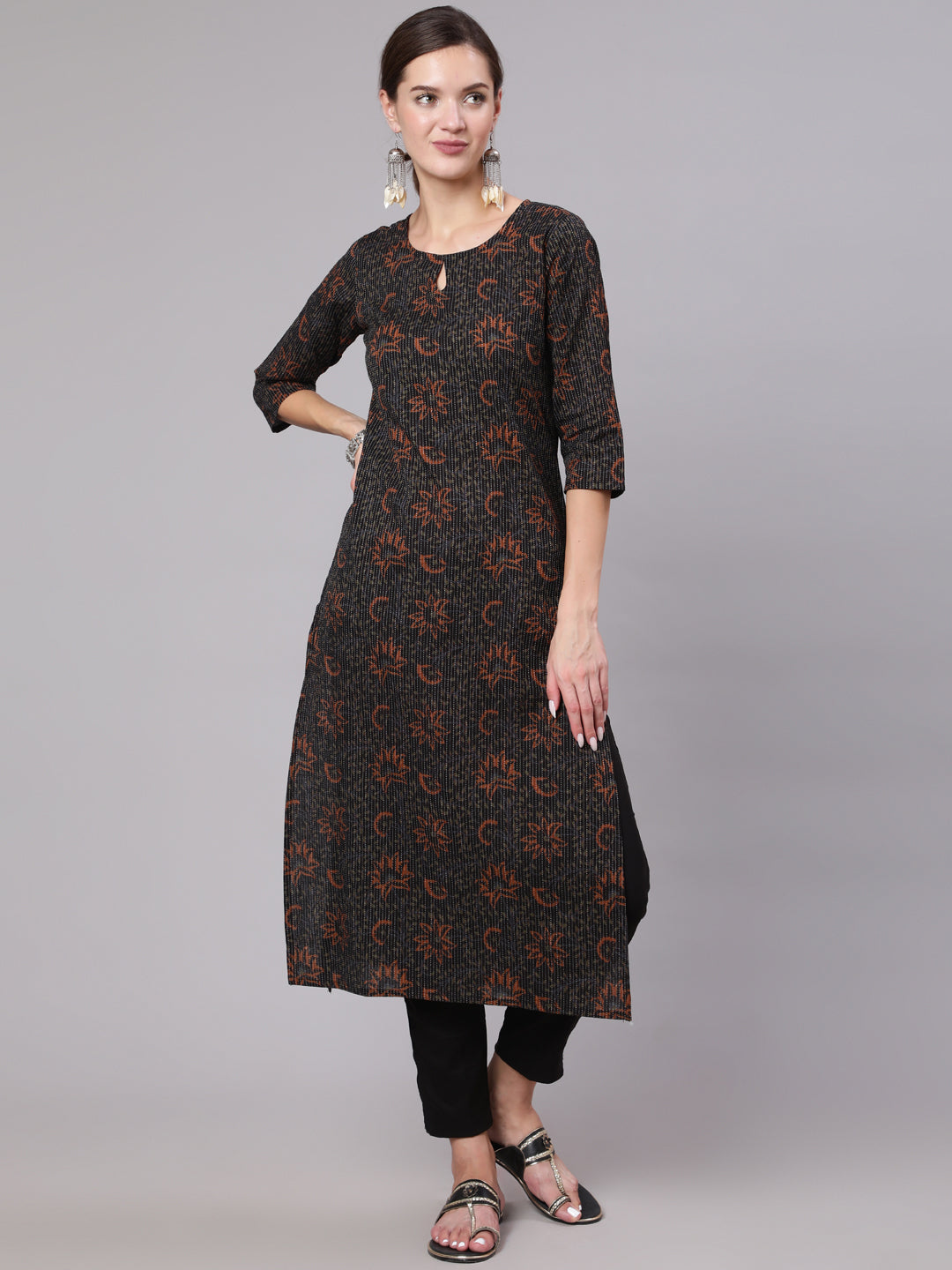 Women Black Printed Straight Kurta With Three Quarter Sleeves | LASVINI - Redefining Indian Fashion with Elegance