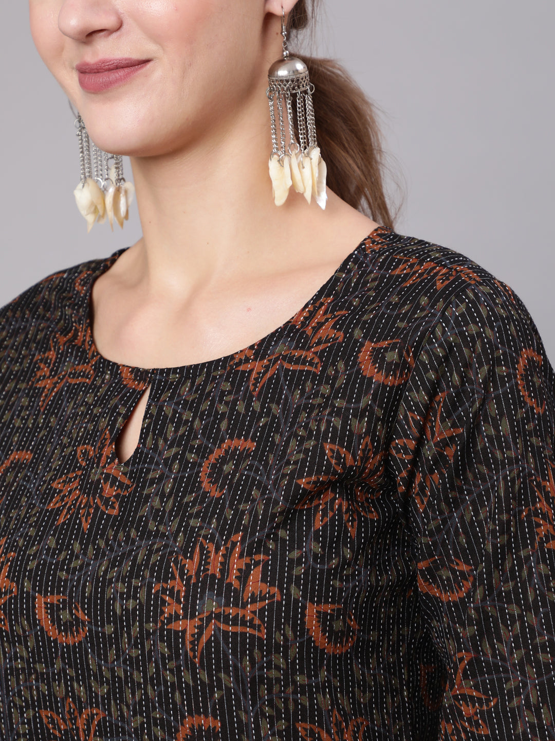 Women Black Printed Straight Kurta With Three Quarter Sleeves | LASVINI - Redefining Indian Fashion with Elegance