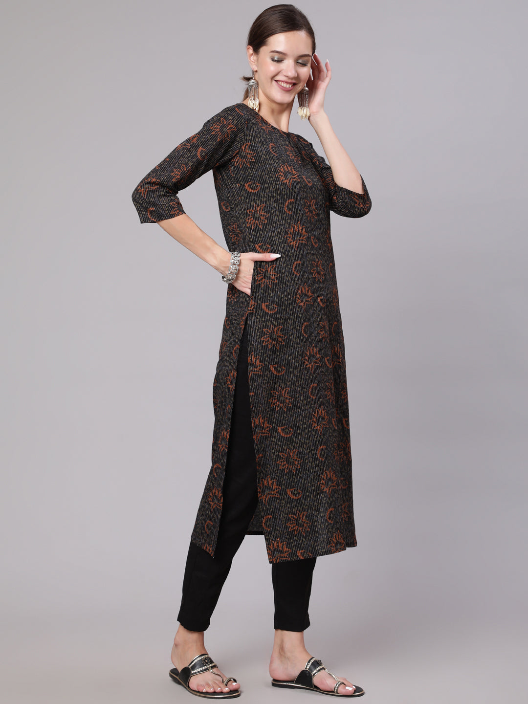 Women Black Printed Straight Kurta With Three Quarter Sleeves | LASVINI - Redefining Indian Fashion with Elegance