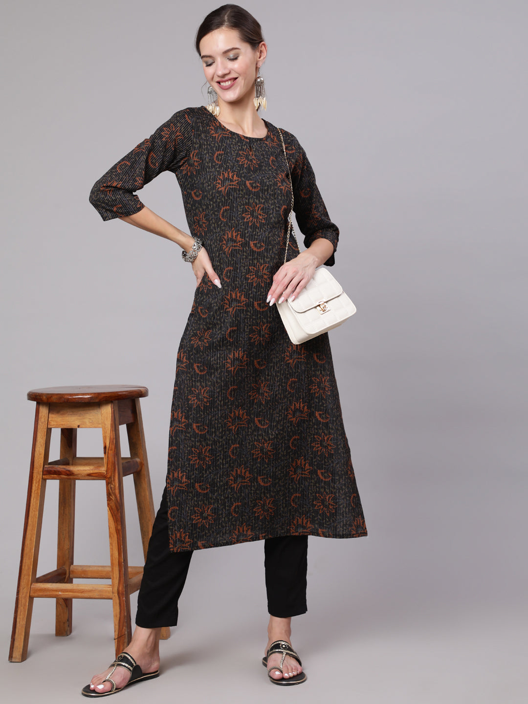 Women Black Printed Straight Kurta With Three Quarter Sleeves | LASVINI - Redefining Indian Fashion with Elegance