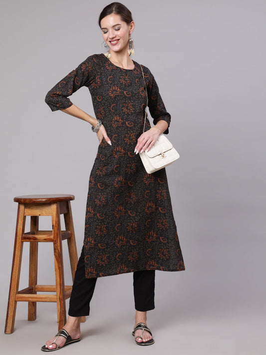 Women Black Printed Straight Kurta With Three Quarter Sleeves | LASVINI - Redefining Indian Fashion with Elegance