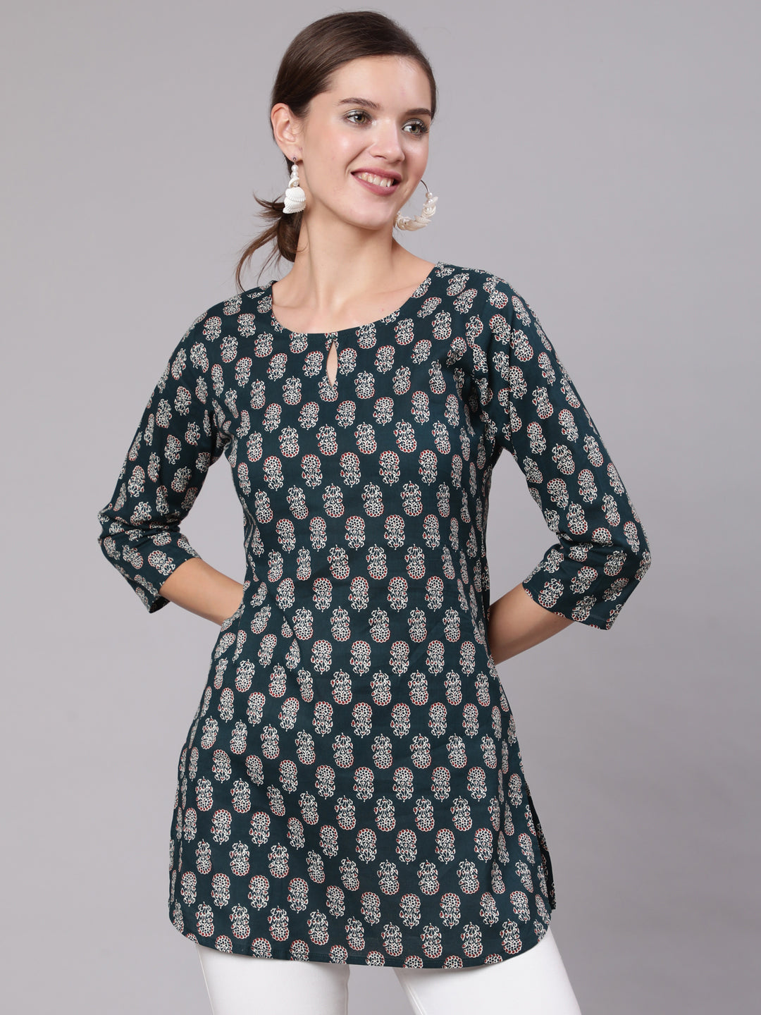 Women Green Ethnic Printed Straight Tunic With Three Quarter Sleeves | LASVINI - Redefining Indian Fashion with Elegance