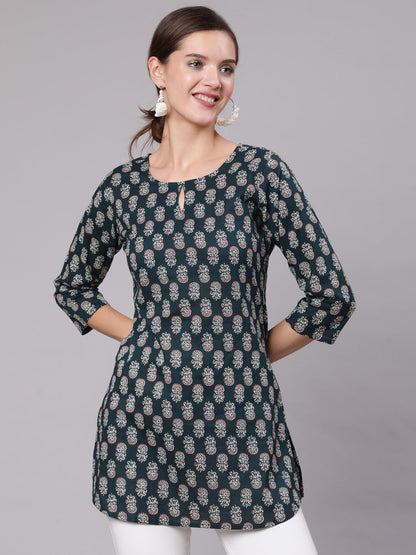 Women Green Ethnic Printed Straight Tunic With Three Quarter Sleeves | LASVINI - Redefining Indian Fashion with Elegance