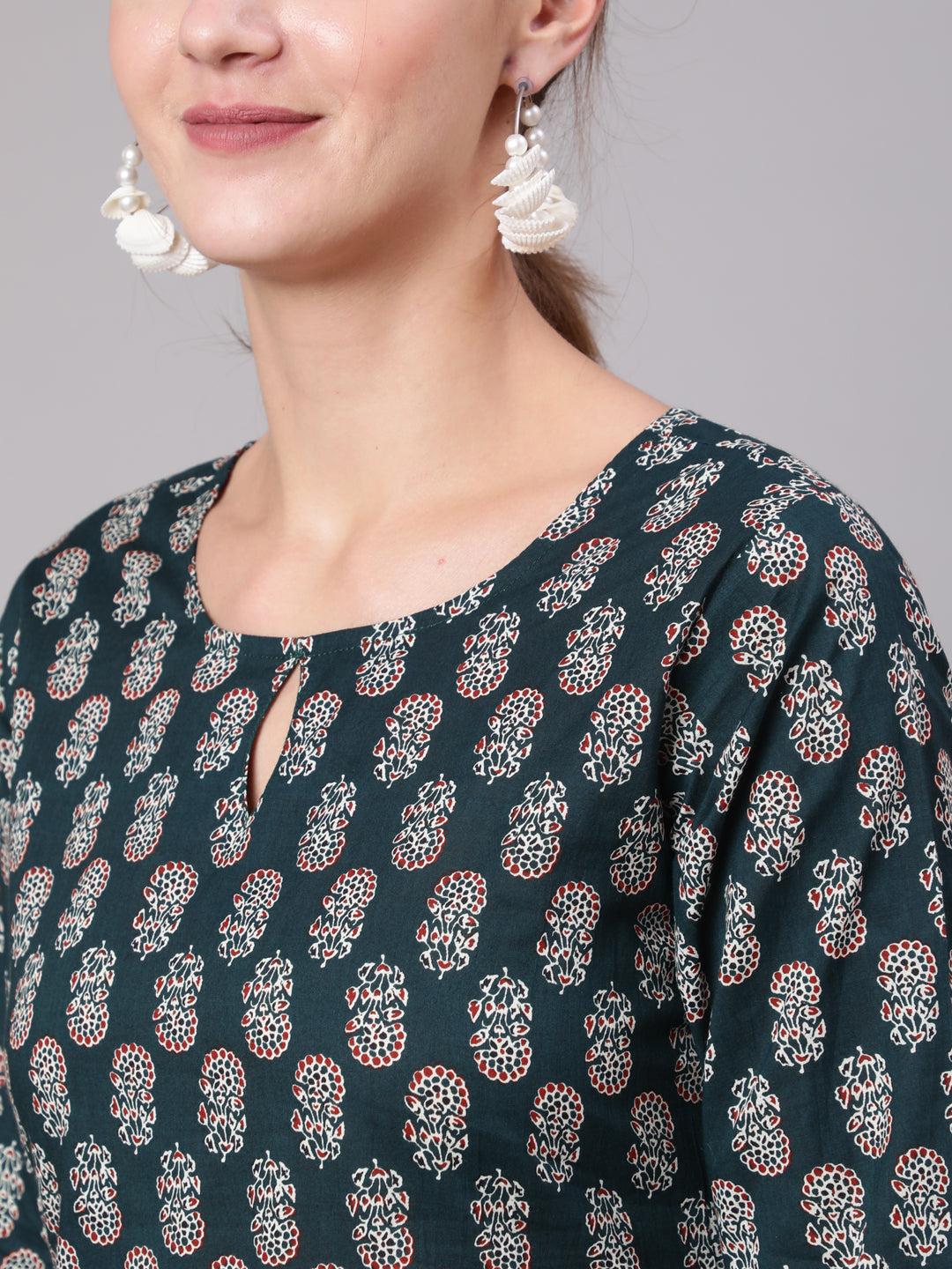 Women Green Ethnic Printed Straight Tunic With Three Quarter Sleeves | LASVINI - Redefining Indian Fashion with Elegance