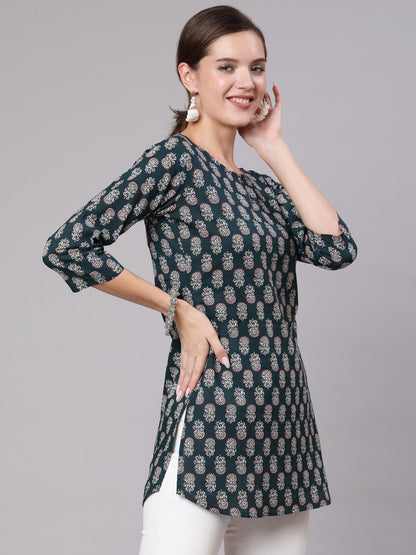 Women Green Ethnic Printed Straight Tunic With Three Quarter Sleeves | LASVINI - Redefining Indian Fashion with Elegance