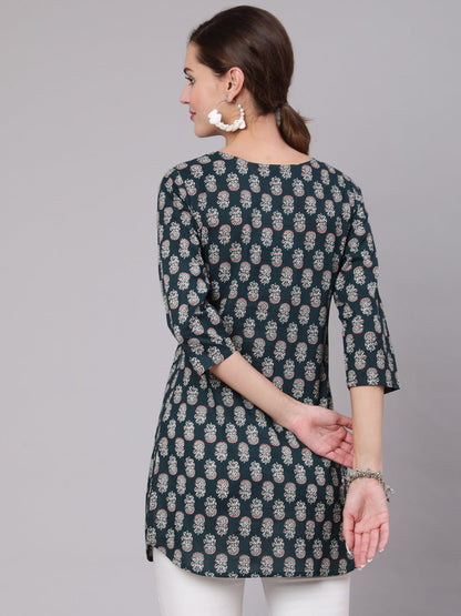 Women Green Ethnic Printed Straight Tunic With Three Quarter Sleeves | LASVINI - Redefining Indian Fashion with Elegance