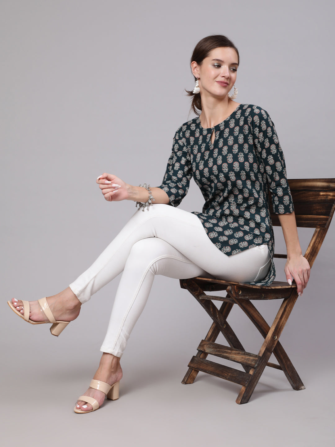 Women Green Ethnic Printed Straight Tunic With Three Quarter Sleeves | LASVINI - Redefining Indian Fashion with Elegance