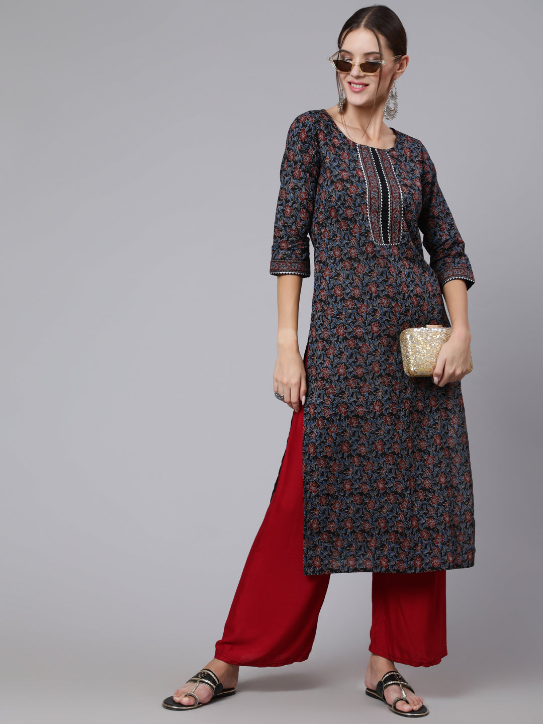 Women Black Printed Straight Kurta With Three Quarter Sleeves | LASVINI - Redefining Indian Fashion with Elegance
