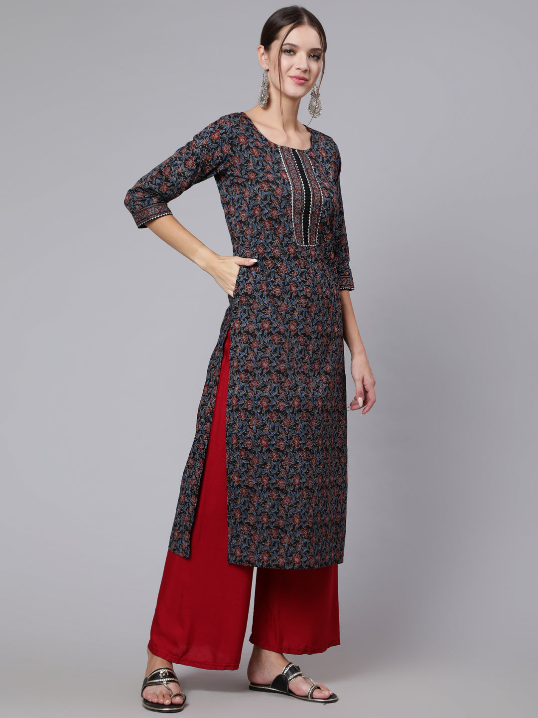 Women Black Printed Straight Kurta With Three Quarter Sleeves | LASVINI - Redefining Indian Fashion with Elegance