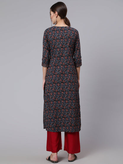 Women Black Printed Straight Kurta With Three Quarter Sleeves | LASVINI - Redefining Indian Fashion with Elegance