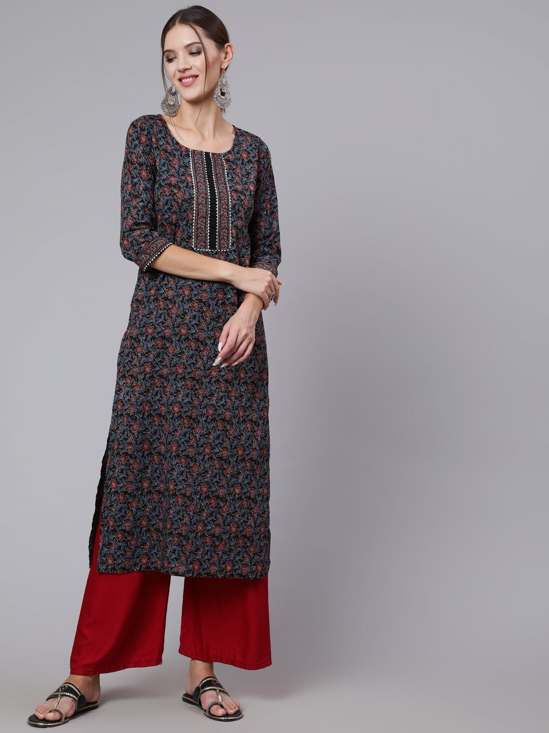 Women Black Printed Straight Kurta With Three Quarter Sleeves | LASVINI - Redefining Indian Fashion with Elegance