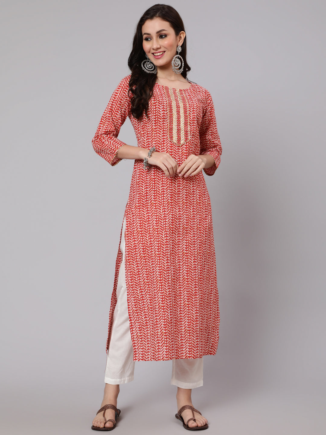 Women Red Printed Straight Kurta With Thread Work Yoke | LASVINI - Redefining Indian Fashion with Elegance