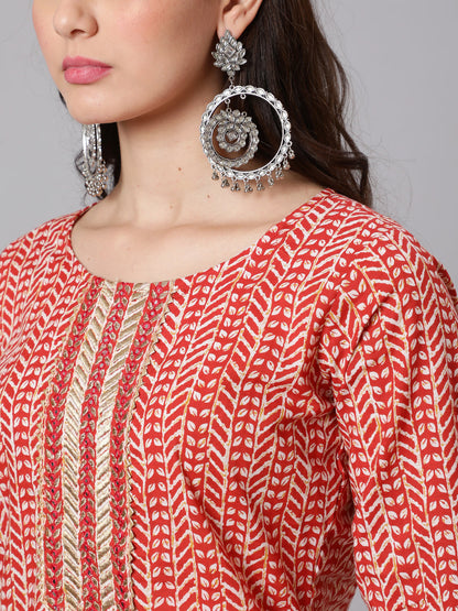 Women Red Printed Straight Kurta With Thread Work Yoke | LASVINI - Redefining Indian Fashion with Elegance