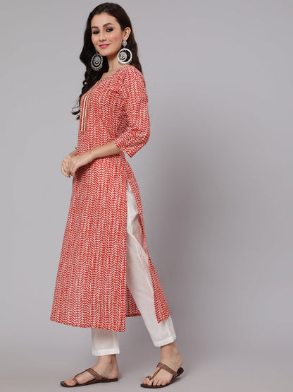 Women Red Printed Straight Kurta With Thread Work Yoke | LASVINI - Redefining Indian Fashion with Elegance