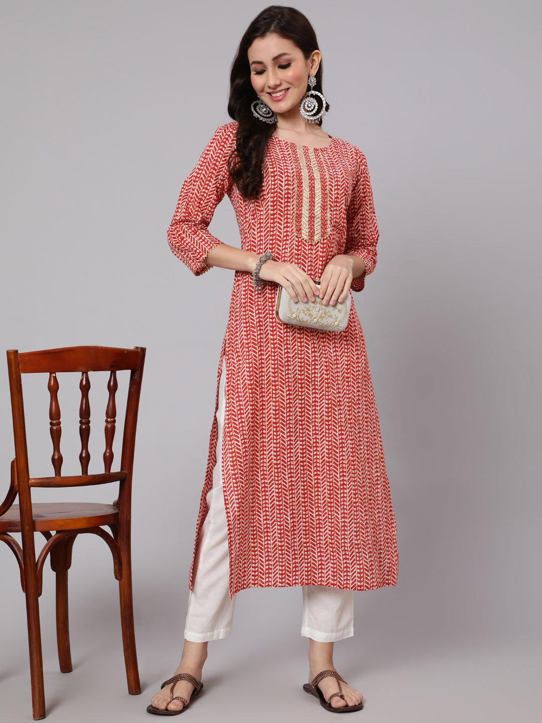 Women Red Printed Straight Kurta With Thread Work Yoke | LASVINI - Redefining Indian Fashion with Elegance