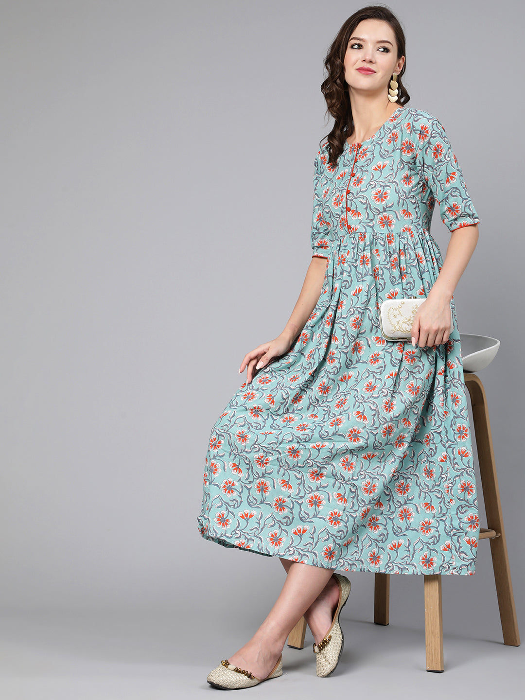 Women Green Floral Printed Flared Dress With Three Quarter Sleeves | LASVINI - Redefining Indian Fashion with Elegance