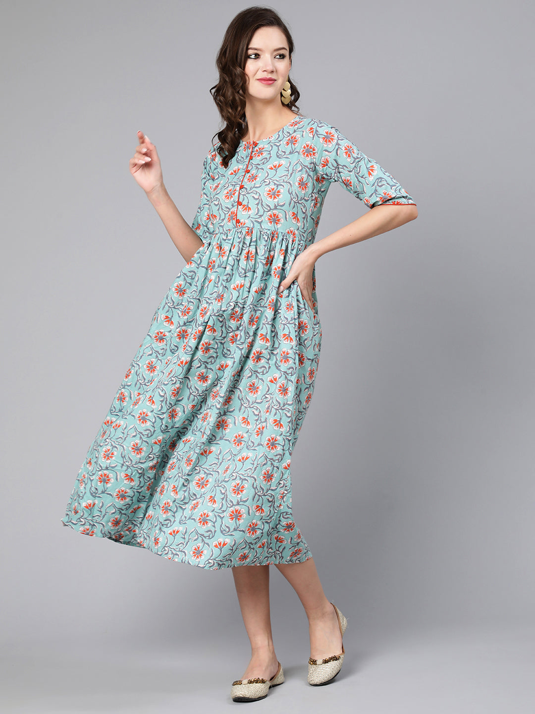 Women Green Floral Printed Flared Dress With Three Quarter Sleeves | LASVINI - Redefining Indian Fashion with Elegance