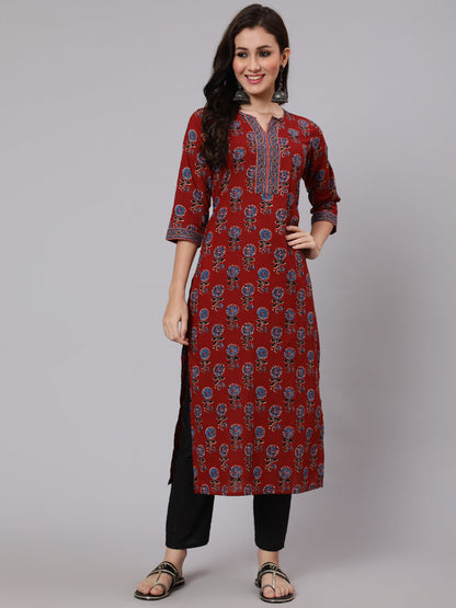 Women Maroon Ethnic Printed Straight Kurta With Three Quarter Sleeves | LASVINI - Redefining Indian Fashion with Elegance