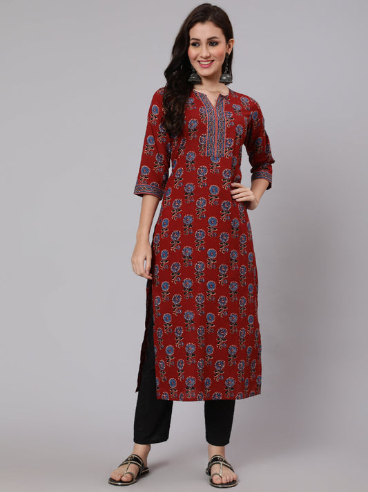 Women Maroon Ethnic Printed Straight Kurta With Three Quarter Sleeves | LASVINI - Redefining Indian Fashion with Elegance
