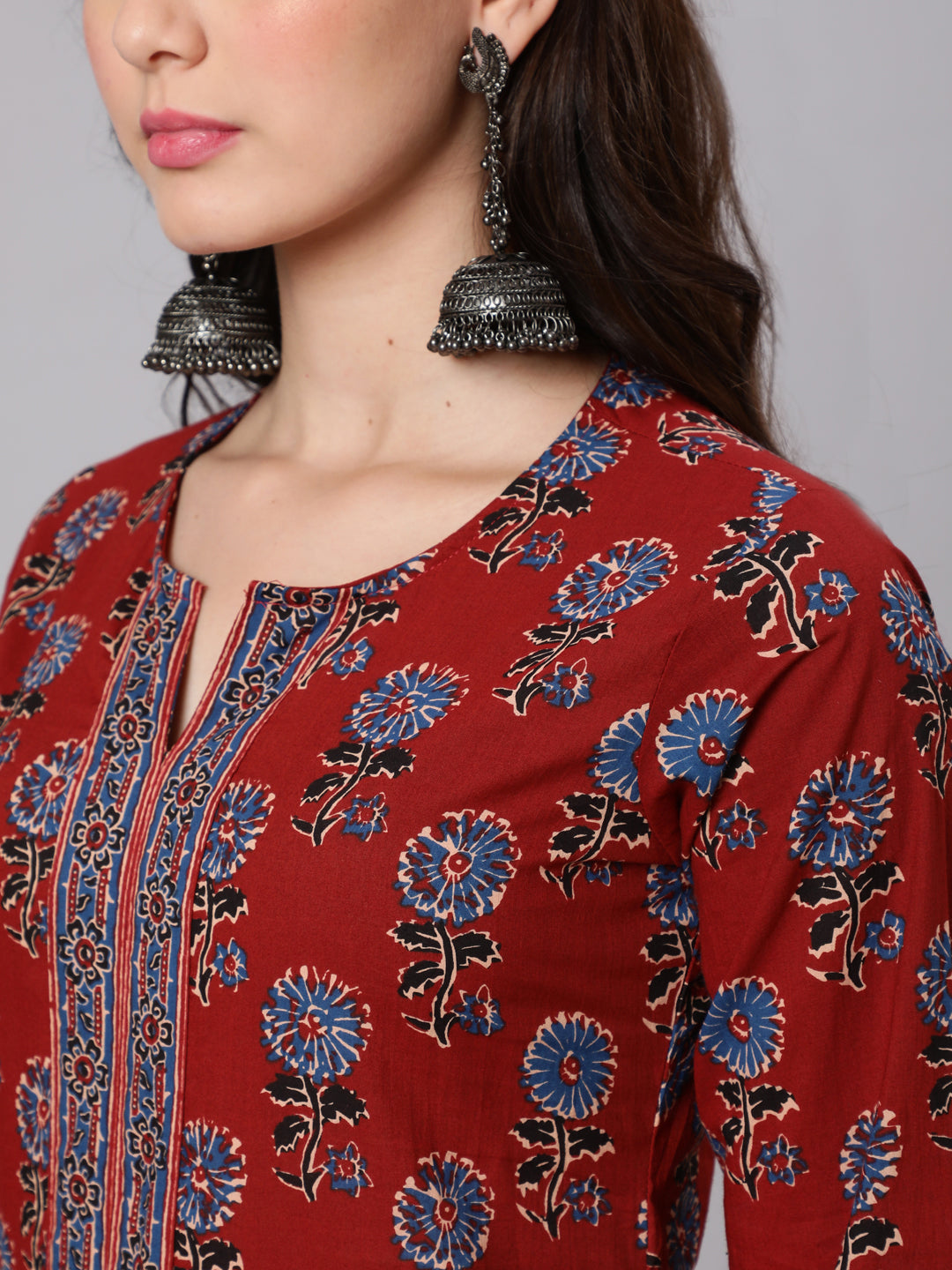 Women Maroon Ethnic Printed Straight Kurta With Three Quarter Sleeves | LASVINI - Redefining Indian Fashion with Elegance