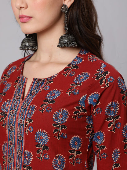 Women Maroon Ethnic Printed Straight Kurta With Three Quarter Sleeves | LASVINI - Redefining Indian Fashion with Elegance