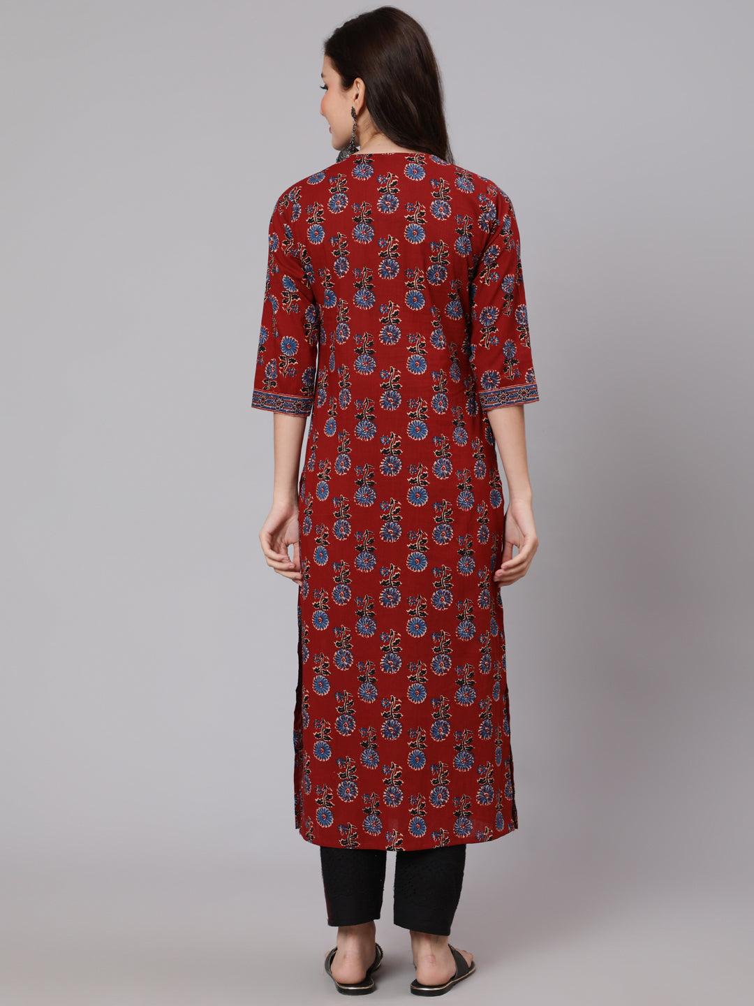 Women Maroon Ethnic Printed Straight Kurta With Three Quarter Sleeves | LASVINI - Redefining Indian Fashion with Elegance