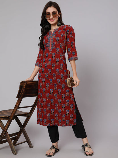 Women Maroon Ethnic Printed Straight Kurta With Three Quarter Sleeves | LASVINI - Redefining Indian Fashion with Elegance