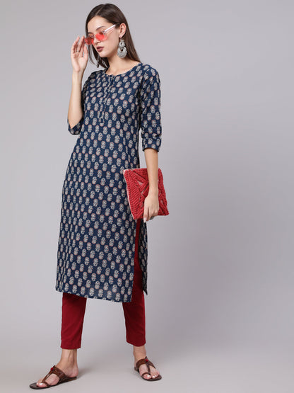Women Blue Printed Straight Kurta With Three Quarter Sleeves | LASVINI - Redefining Indian Fashion with Elegance
