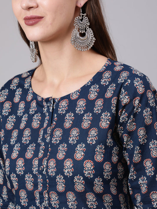 Women Blue Printed Straight Kurta With Three Quarter Sleeves | LASVINI - Redefining Indian Fashion with Elegance
