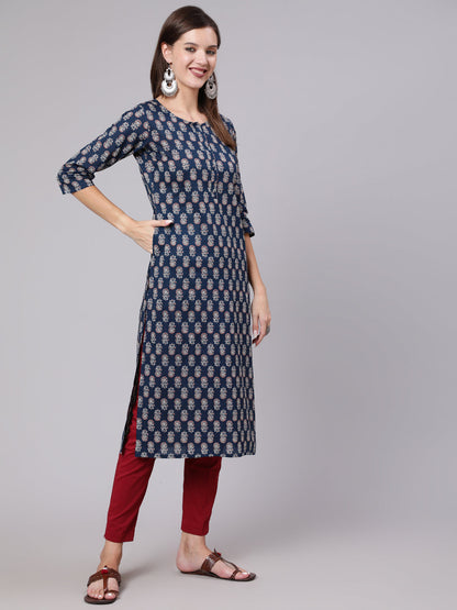 Women Blue Printed Straight Kurta With Three Quarter Sleeves | LASVINI - Redefining Indian Fashion with Elegance