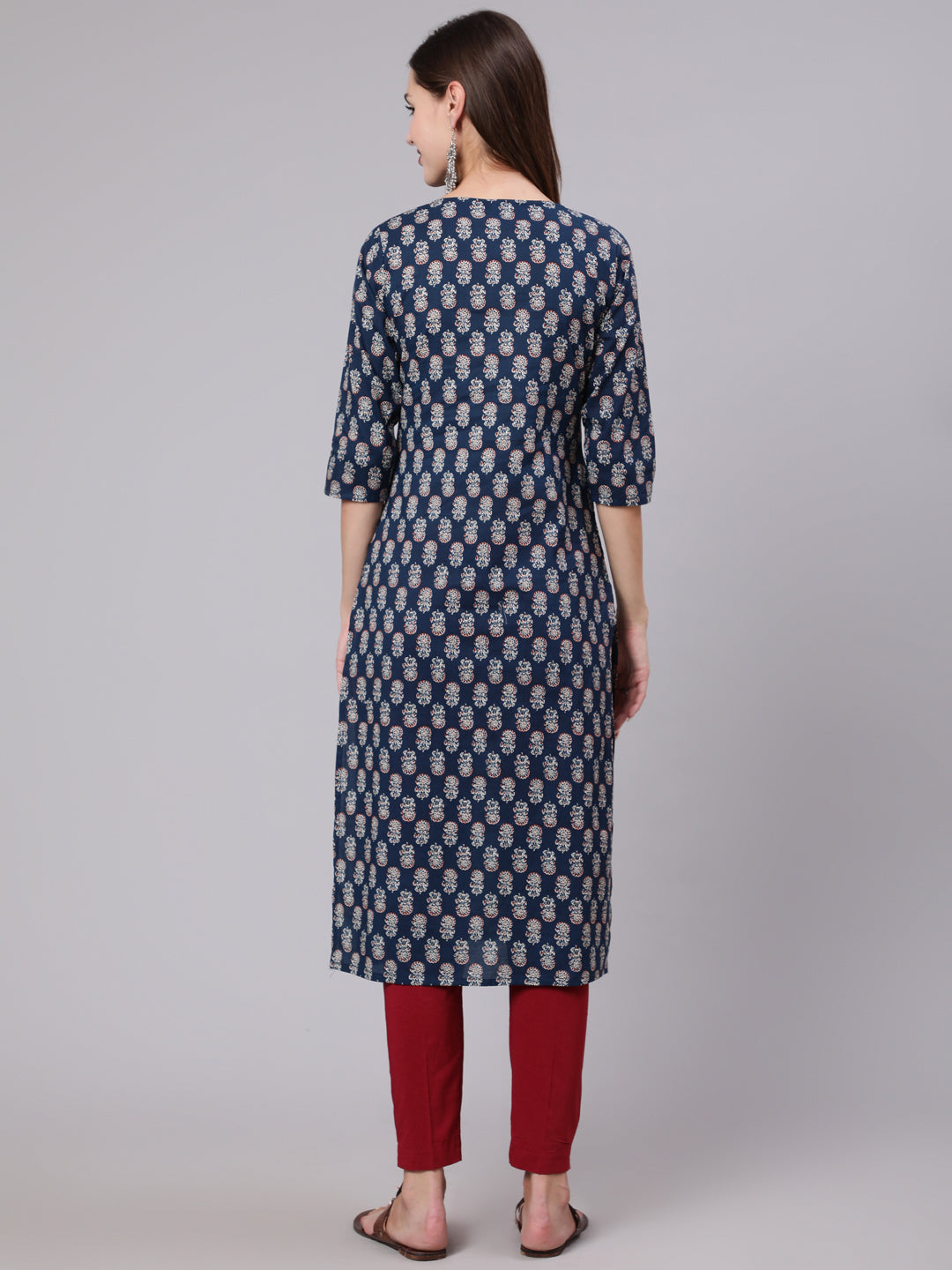 Women Blue Printed Straight Kurta With Three Quarter Sleeves | LASVINI - Redefining Indian Fashion with Elegance