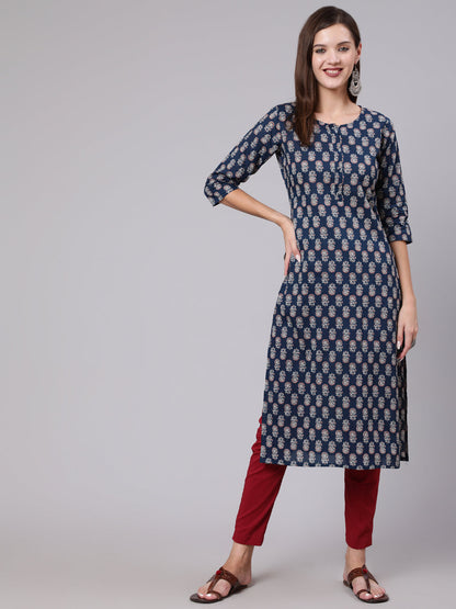 Women Blue Printed Straight Kurta With Three Quarter Sleeves | LASVINI - Redefining Indian Fashion with Elegance