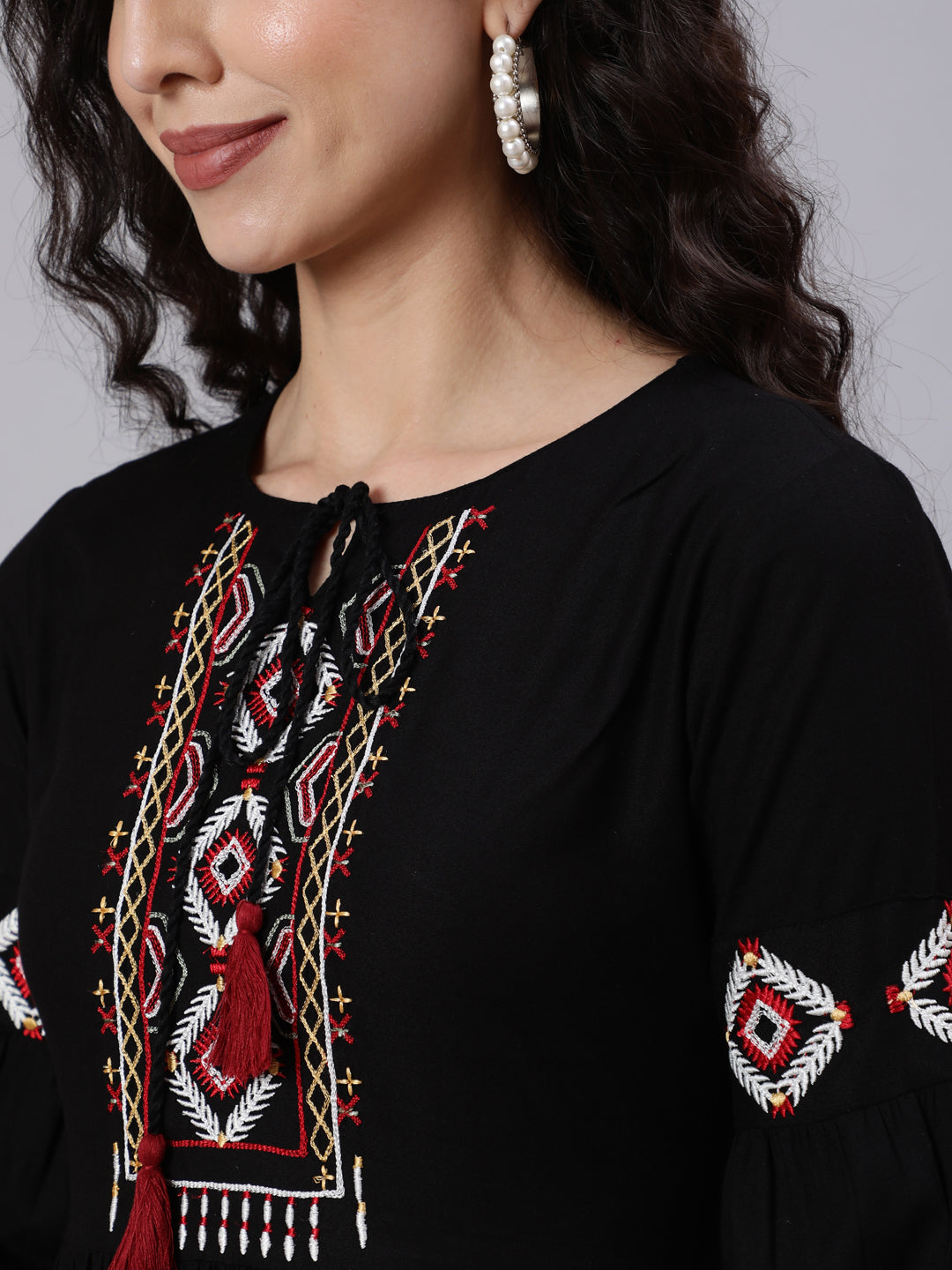 Women Black Solid Embroidered Yoke Design Dress | LASVINI - Redefining Indian Fashion with Elegance