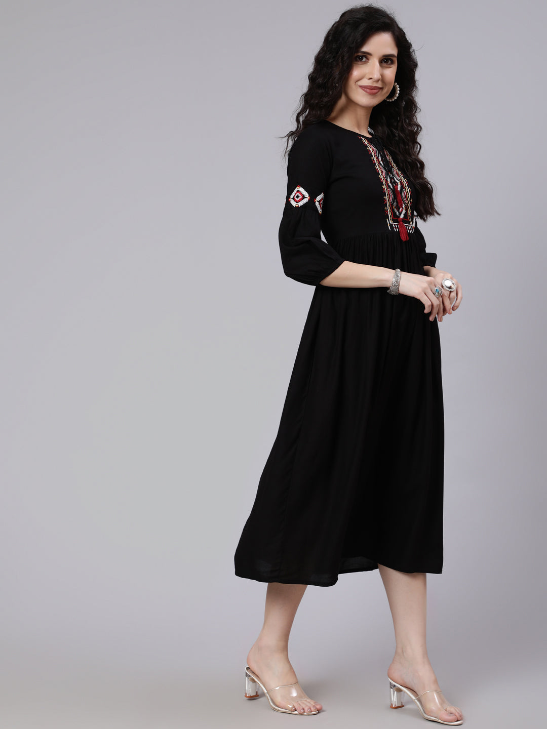 Women Black Solid Embroidered Yoke Design Dress | LASVINI - Redefining Indian Fashion with Elegance
