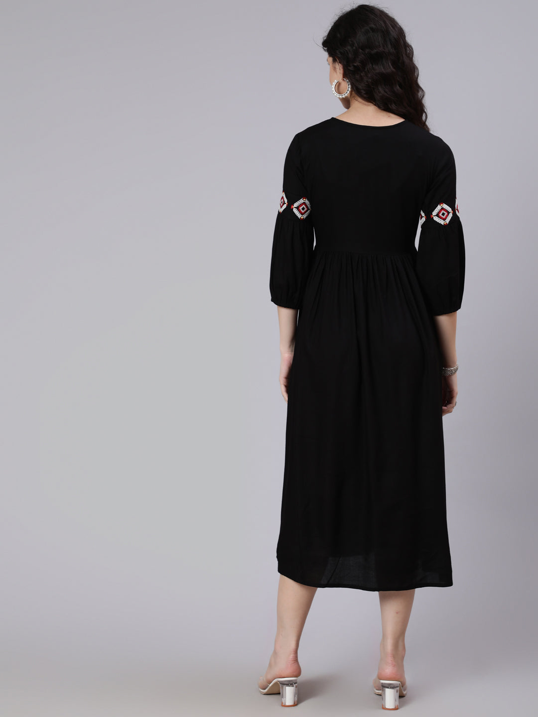 Women Black Solid Embroidered Yoke Design Dress | LASVINI - Redefining Indian Fashion with Elegance
