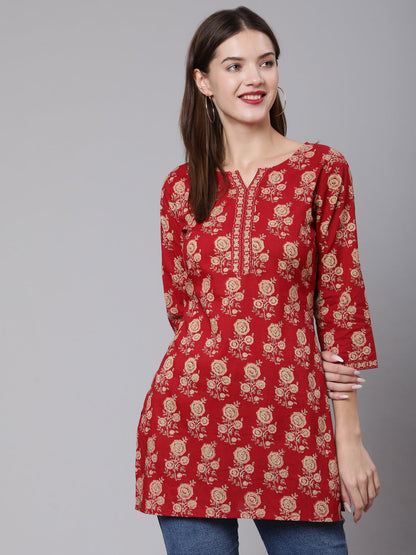 Women Red Ethnic Printed Straight Tunic With Three Quarter Sleeves | LASVINI - Redefining Indian Fashion with Elegance
