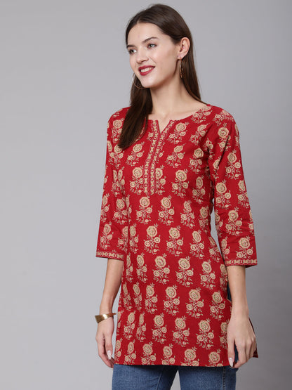 Women Red Ethnic Printed Straight Tunic With Three Quarter Sleeves | LASVINI - Redefining Indian Fashion with Elegance