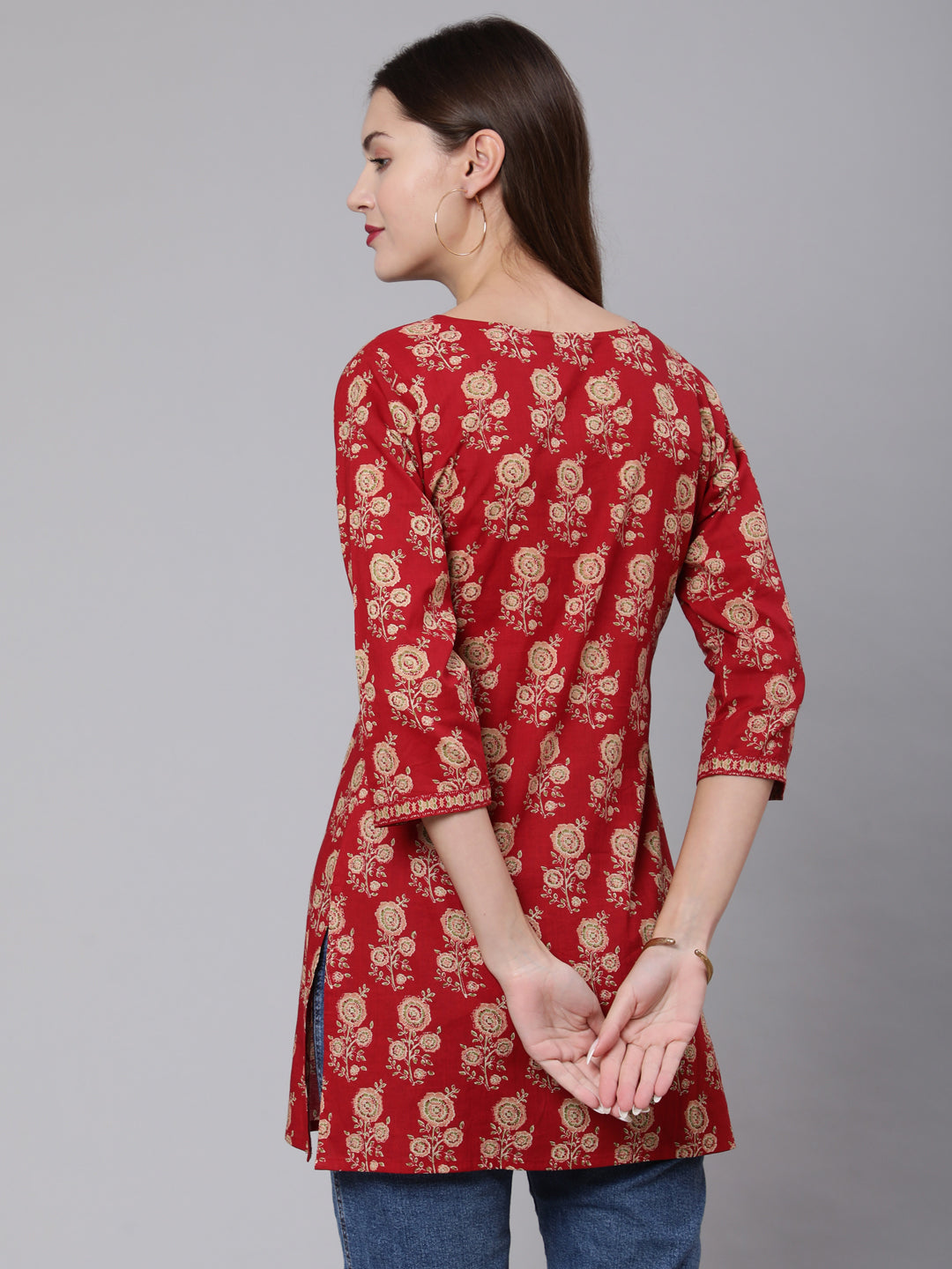 Women Red Ethnic Printed Straight Tunic With Three Quarter Sleeves | LASVINI - Redefining Indian Fashion with Elegance