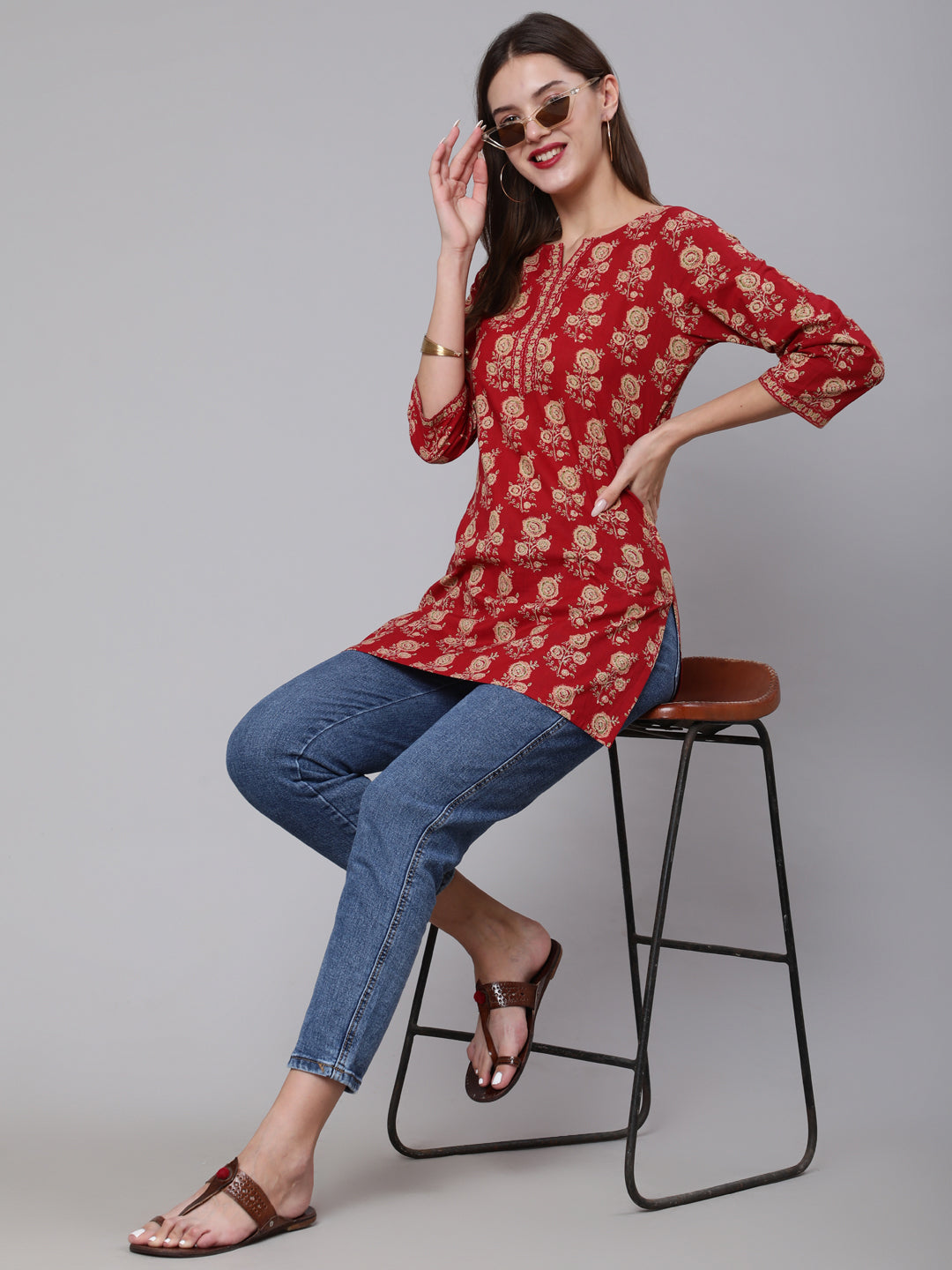 Women Red Ethnic Printed Straight Tunic With Three Quarter Sleeves | LASVINI - Redefining Indian Fashion with Elegance